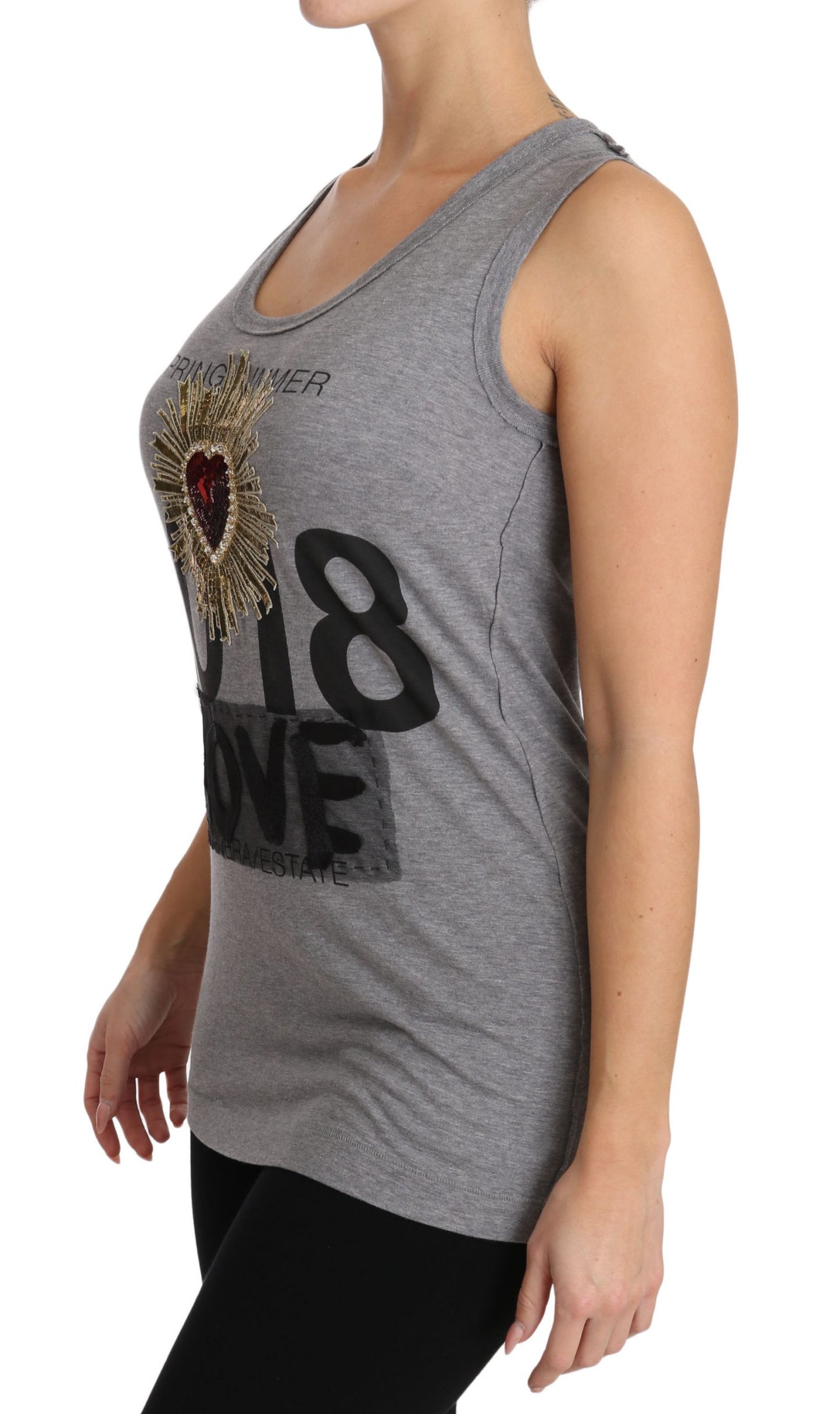 Dolce &amp; Gabbana Grey Tank Top Crystal Sequined Heart T-shirt