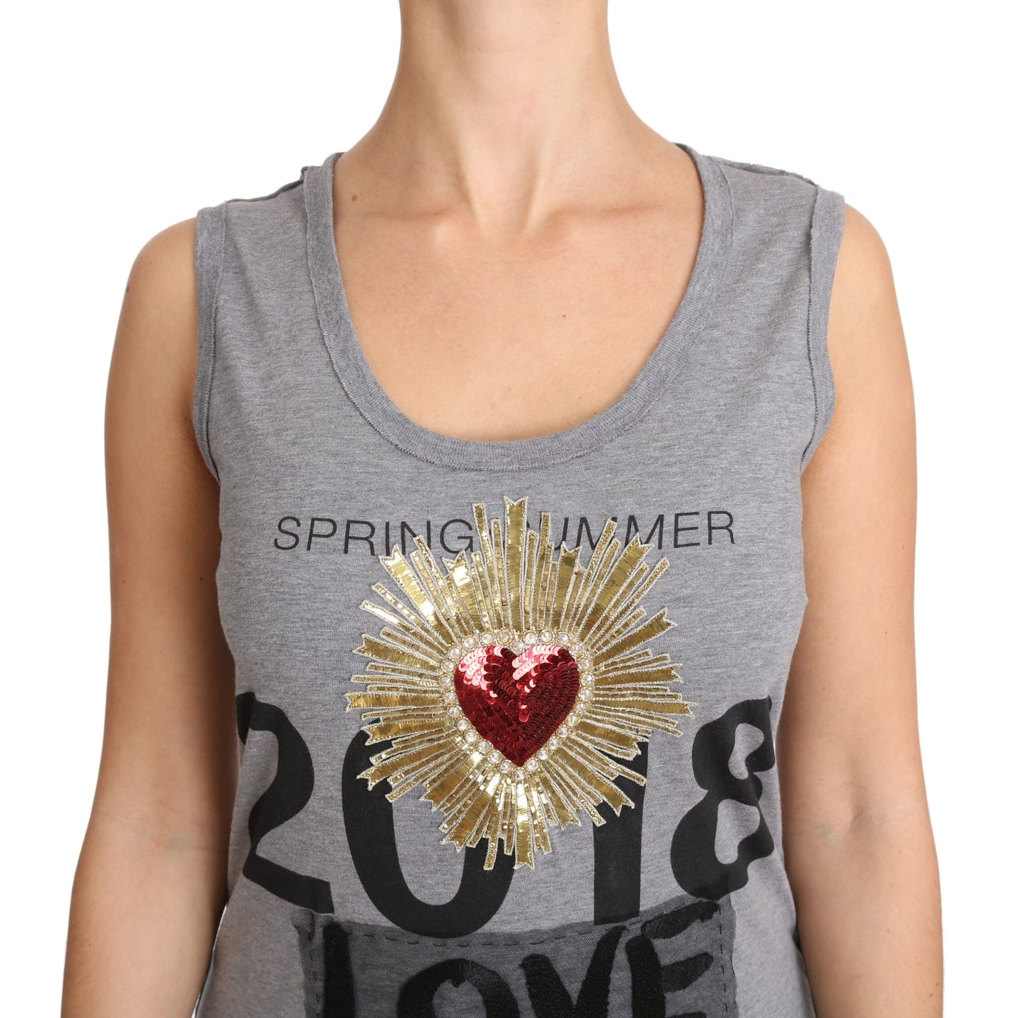 Dolce &amp; Gabbana Grey Tank Top Crystal Sequined Heart T-shirt