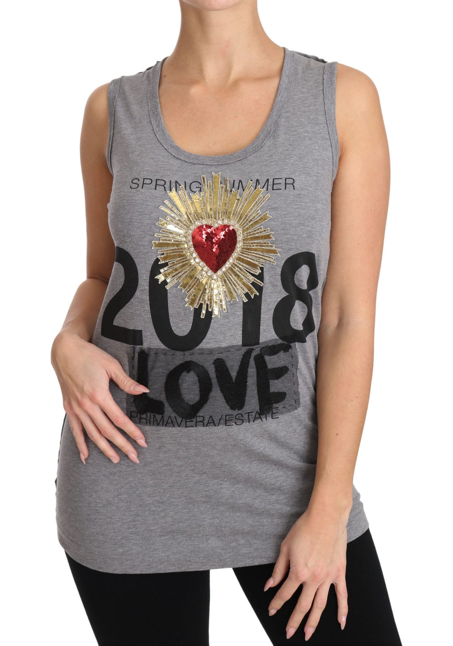 Dolce &amp; Gabbana Grey Tank Top Crystal Sequined Heart T-shirt