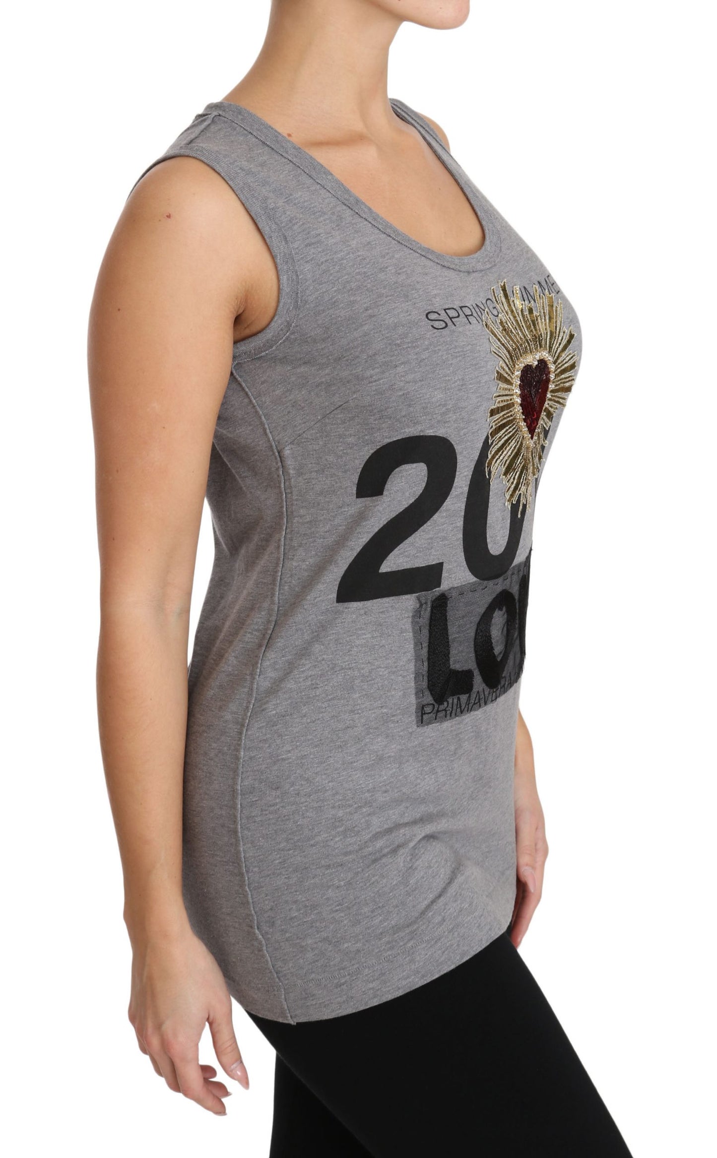 Dolce &amp; Gabbana Grey Tank Top Crystal Sequined Heart T-shirt