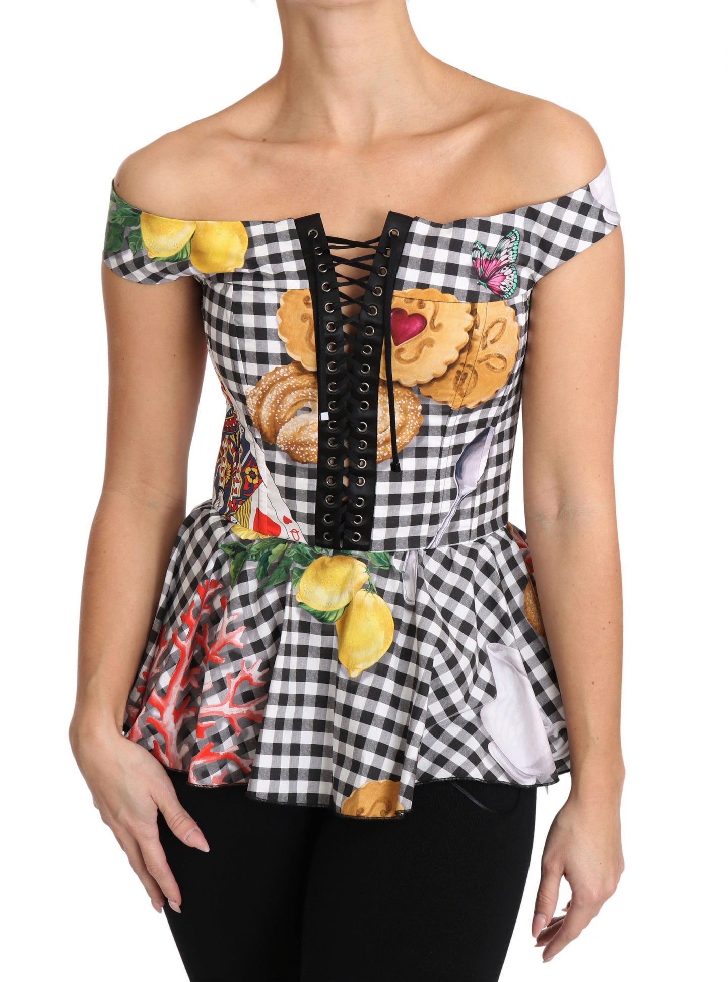 Dolce &amp; Gabbana Black and White Corset Blouse Sicily Lemon Check Top