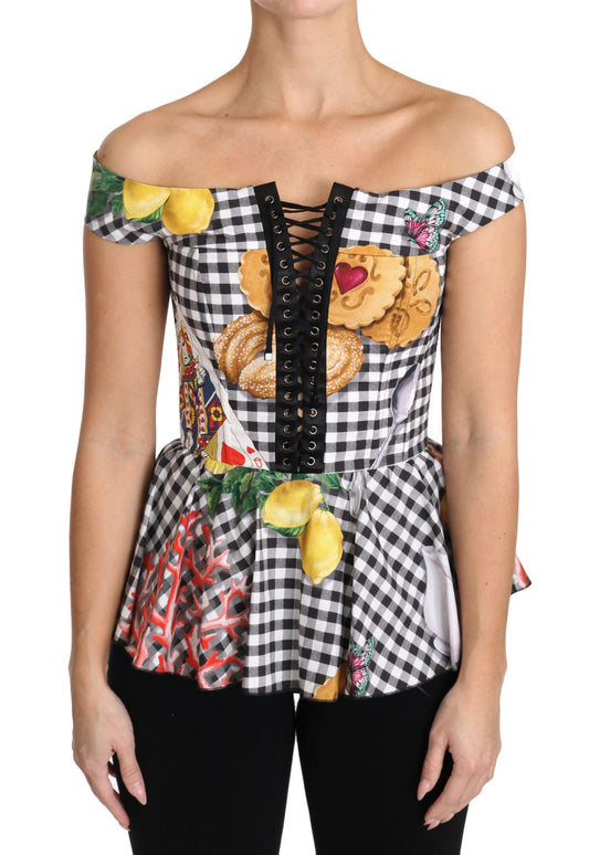 Dolce &amp; Gabbana Black and White Corset Blouse Sicily Lemon Check Top