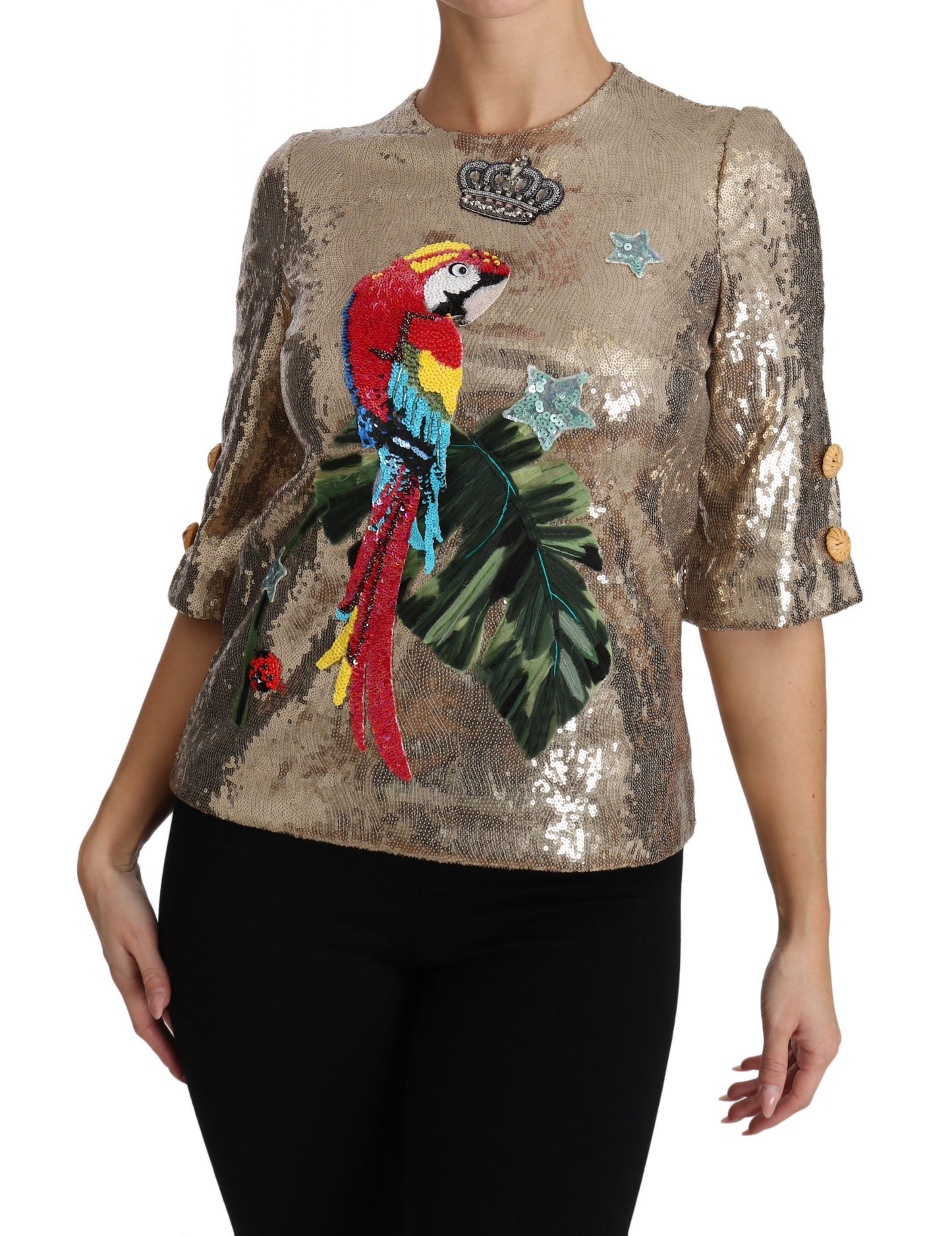 Dolce &amp; Gabbana Gold Sequined Parrot Crystal Blouse