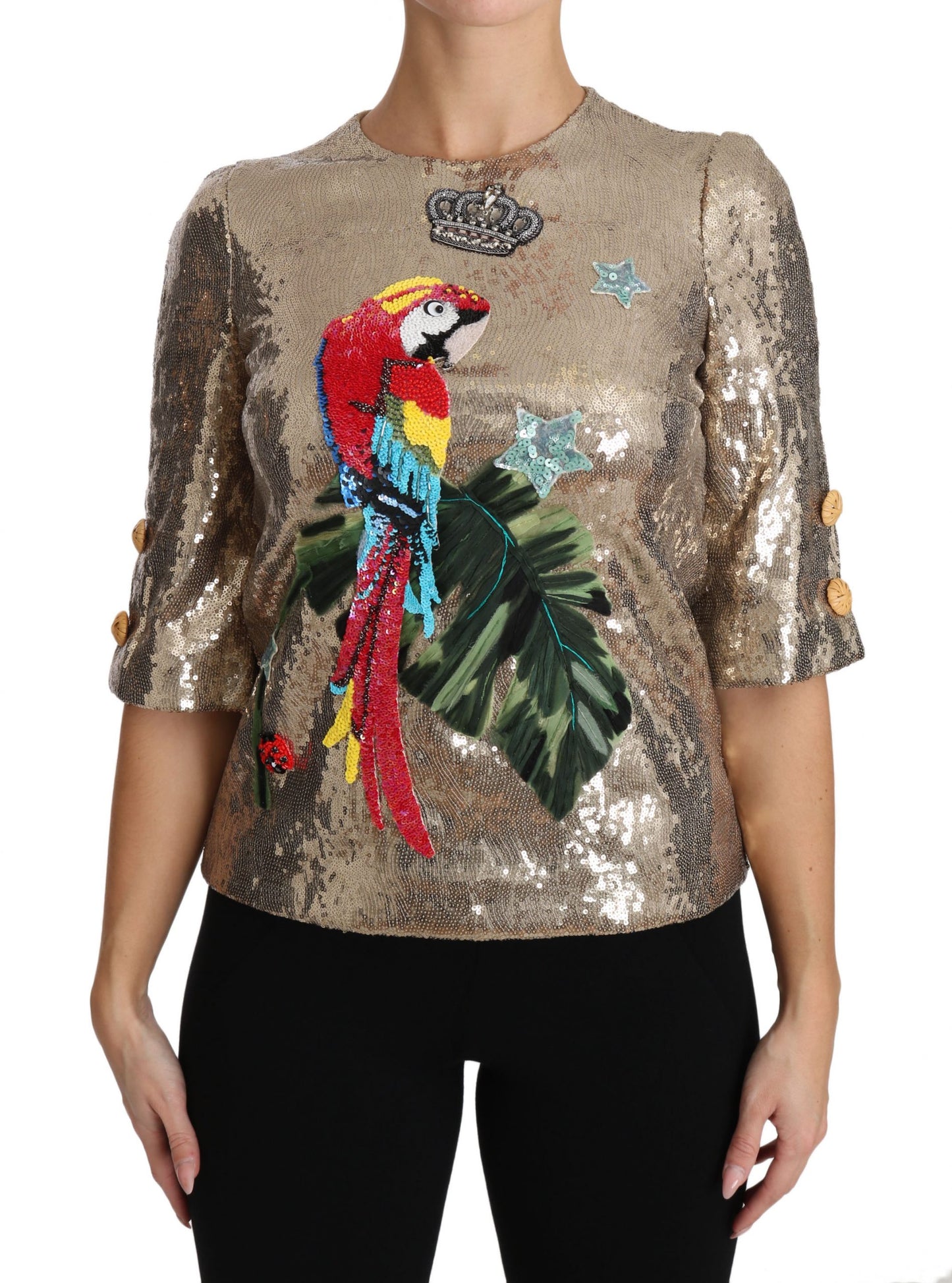 Dolce &amp; Gabbana Gold Sequined Parrot Crystal Blouse