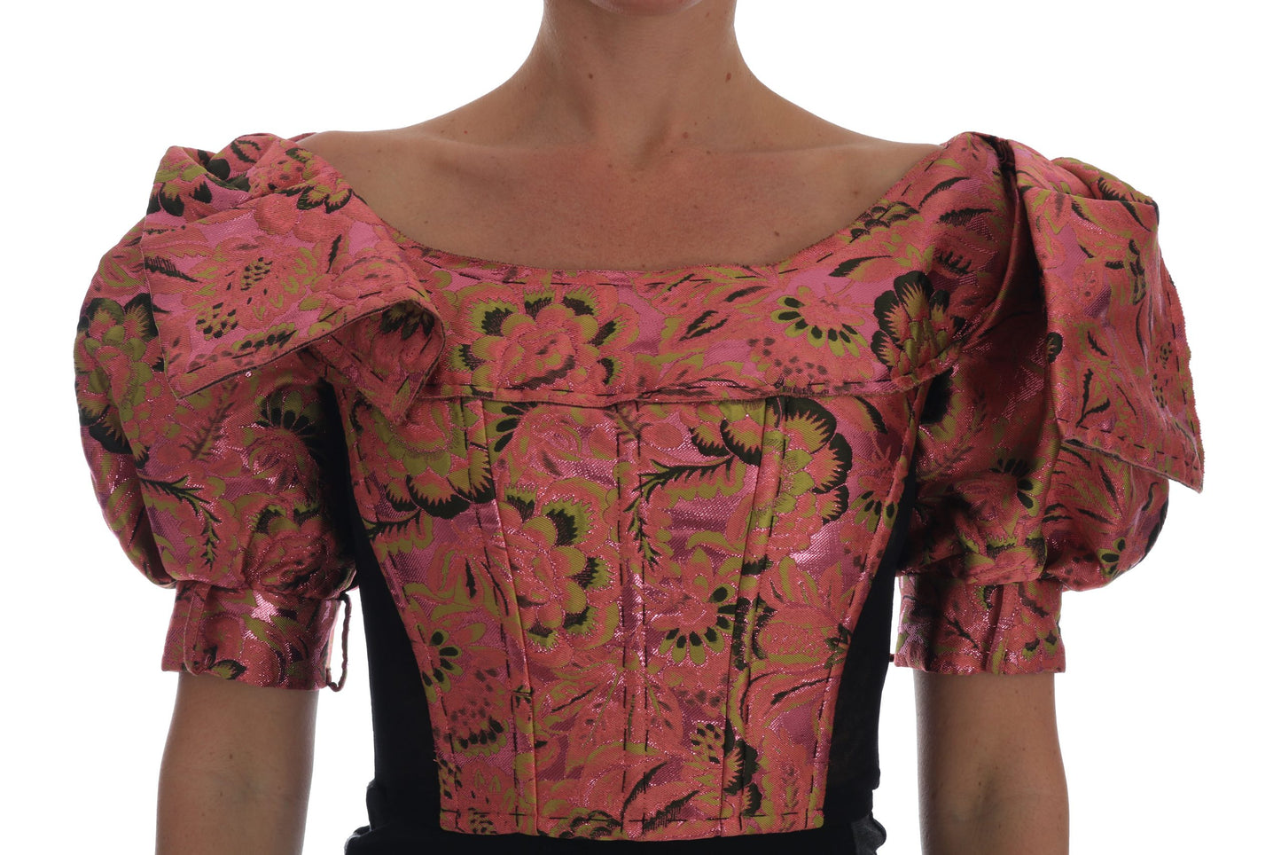 Dolce &amp; Gabbana Pink Puff Sleeve Brocade Cropped Top