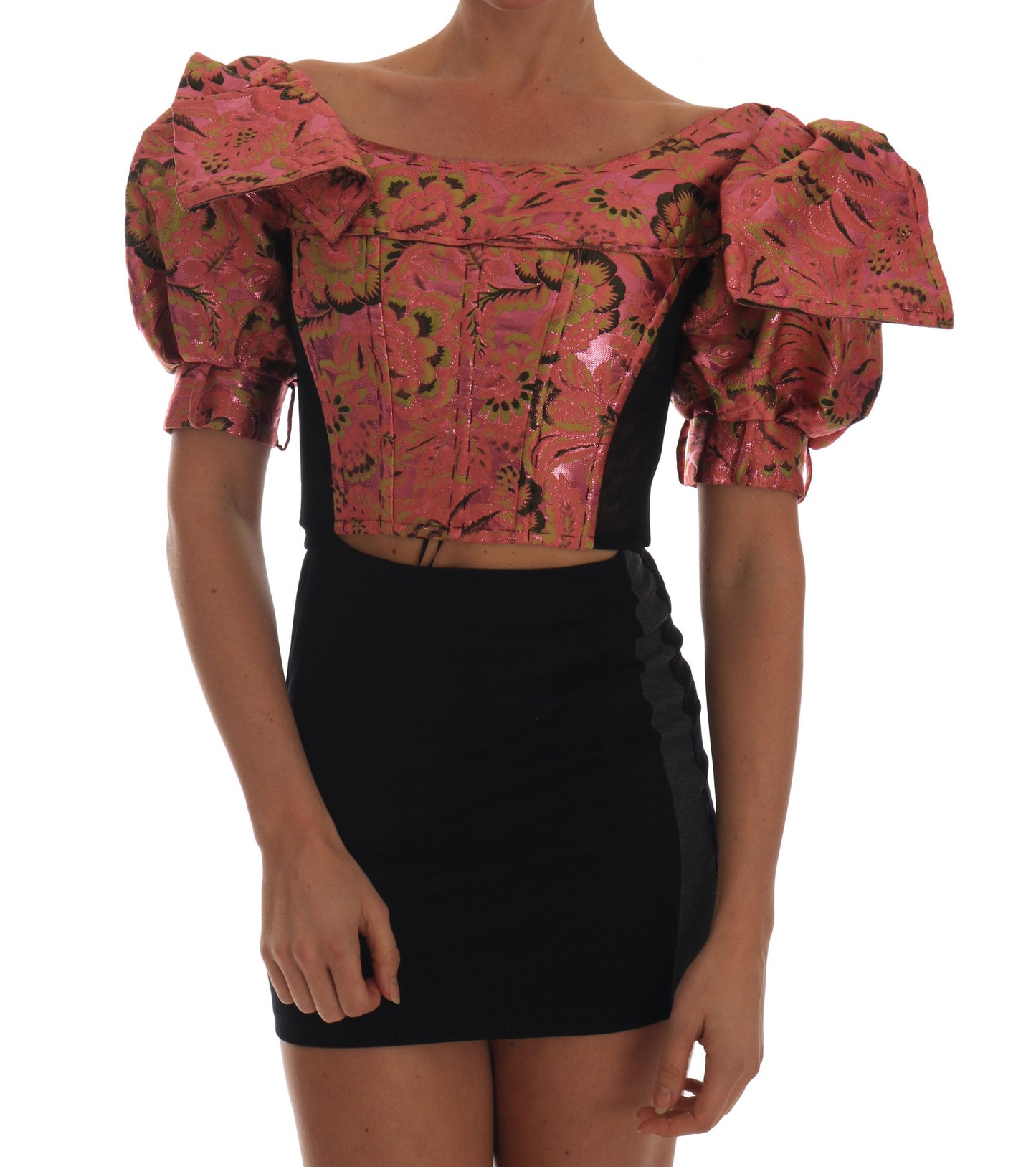 Dolce &amp; Gabbana Pink Puff Sleeve Brocade Cropped Top