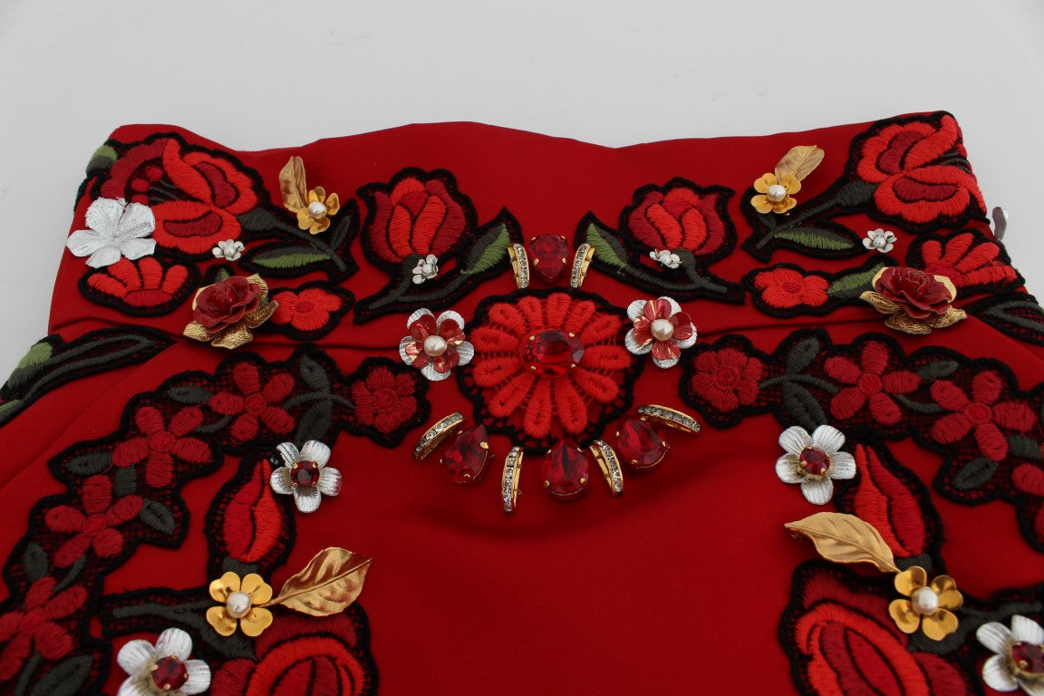 Dolce &amp; Gabbana Red Silk Crystal Roses Shorts 