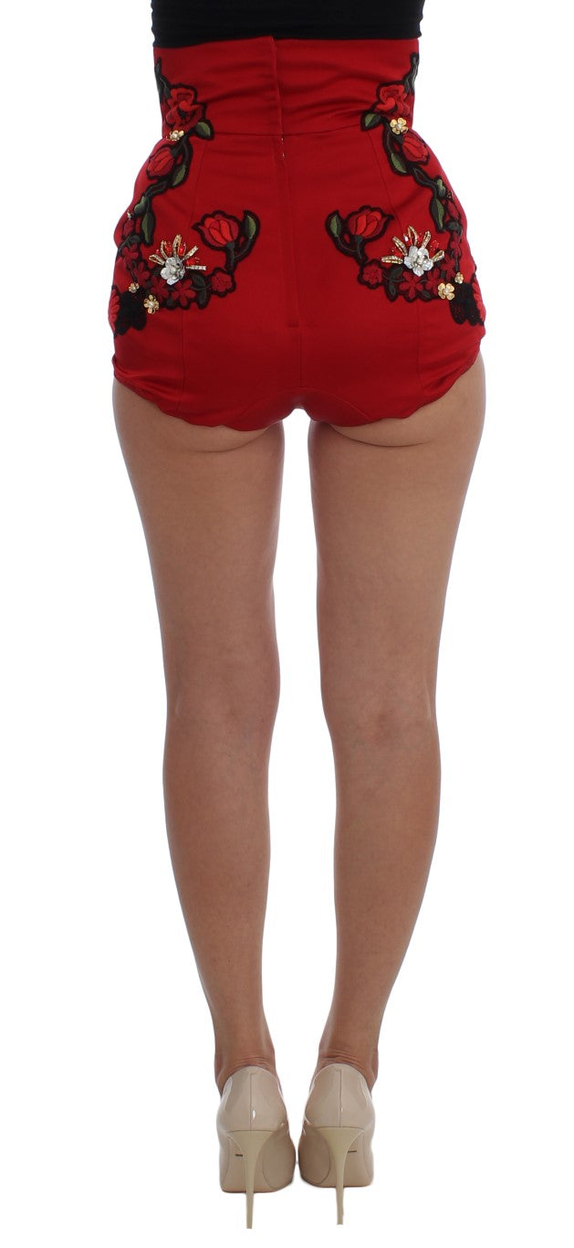 Dolce &amp; Gabbana Shorts aus roter Seide mit Kristallrosen 