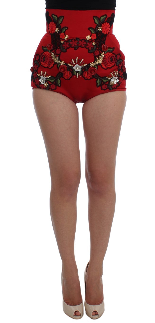 Dolce &amp; Gabbana Red Silk Crystal Roses Shorts 