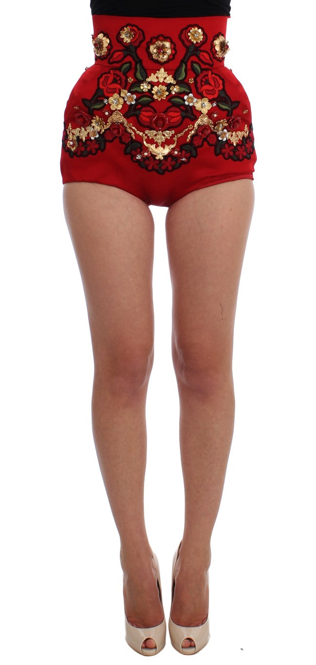 Dolce &amp; Gabbana Shorts aus roter Seide mit Kristallrosen 