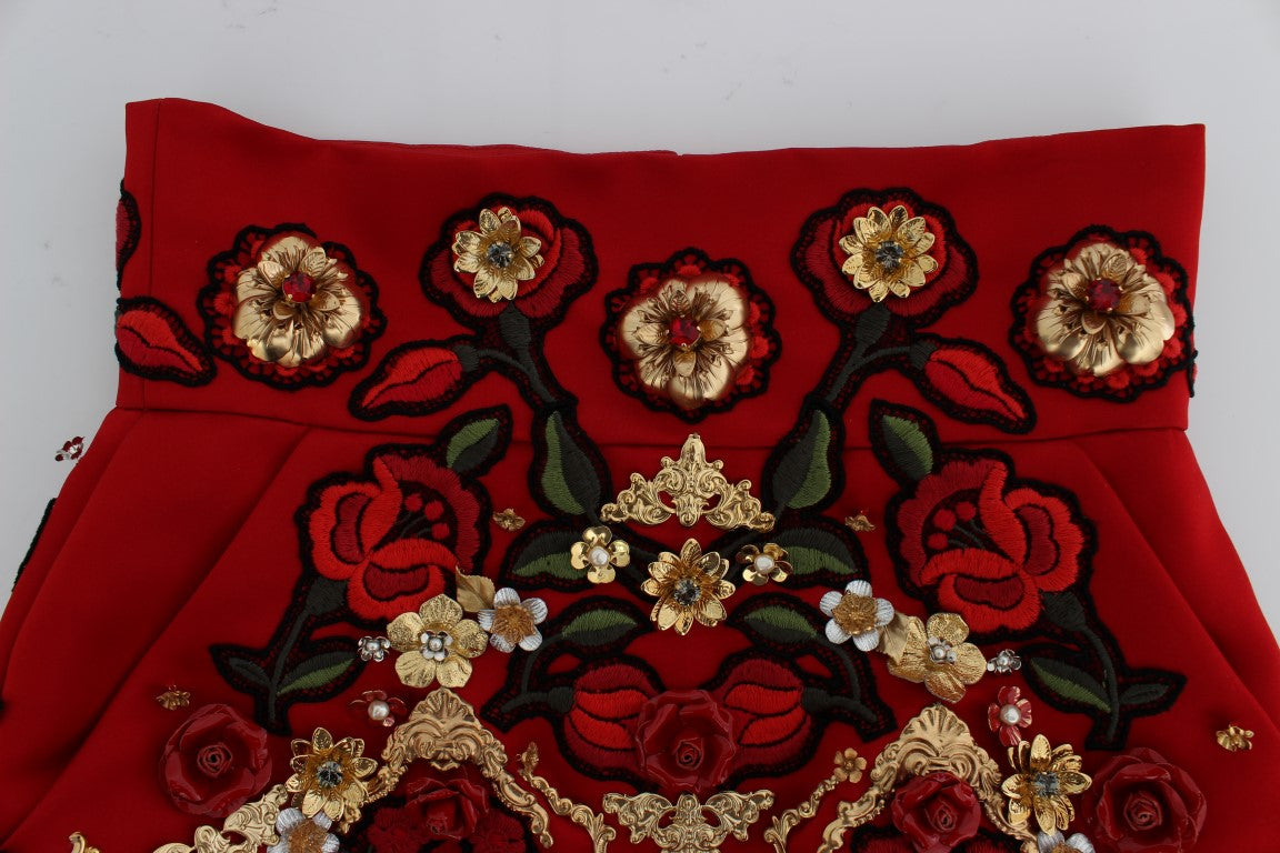 Dolce &amp; Gabbana Red Silk Crystal Roses Shorts 