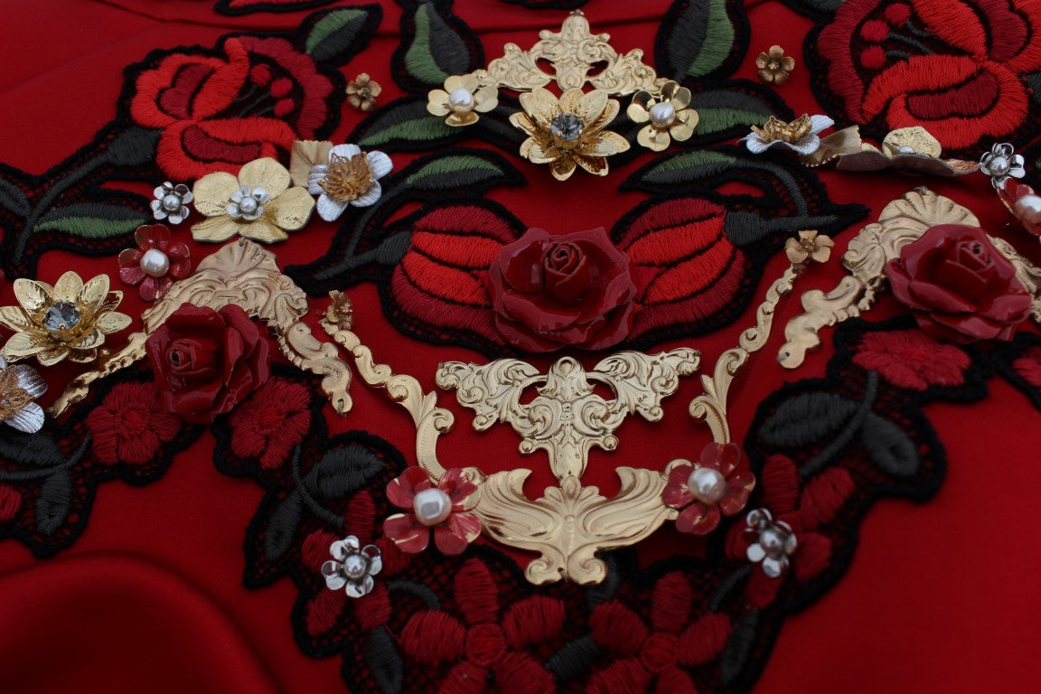 Dolce &amp; Gabbana Red Silk Crystal Roses Shorts 