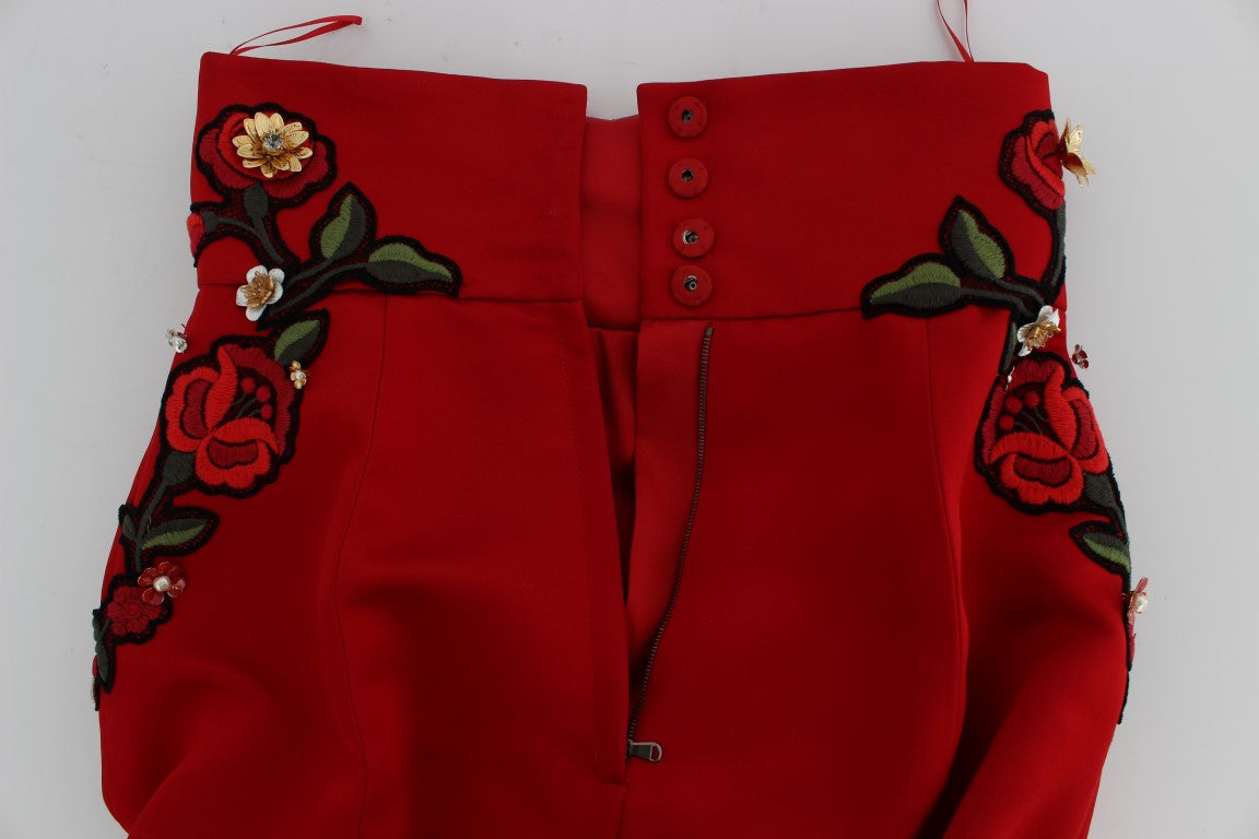 Dolce &amp; Gabbana Red Silk Crystal Roses Shorts 