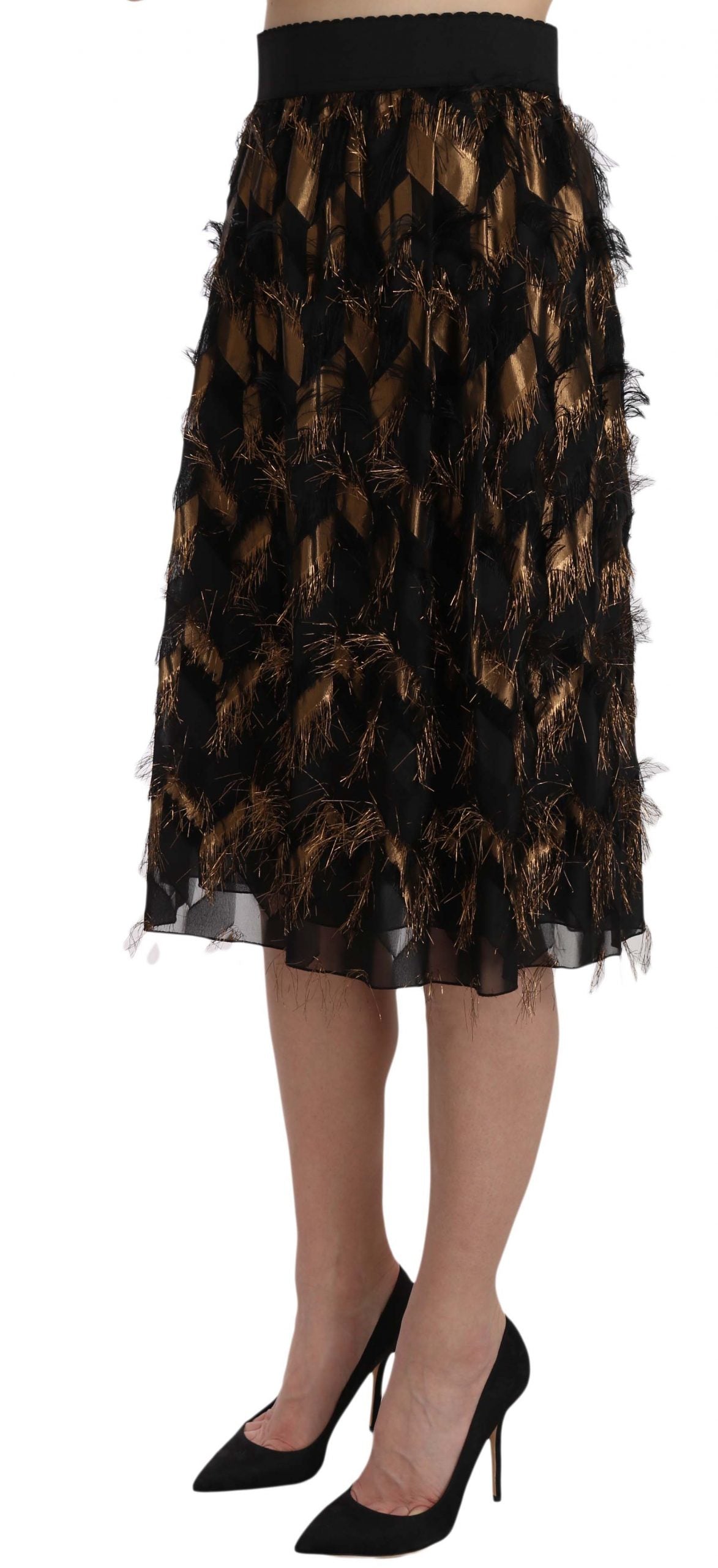 Dolce &amp; Gabbana Black Gold Fringe Metallic Pencil A-line Skirt