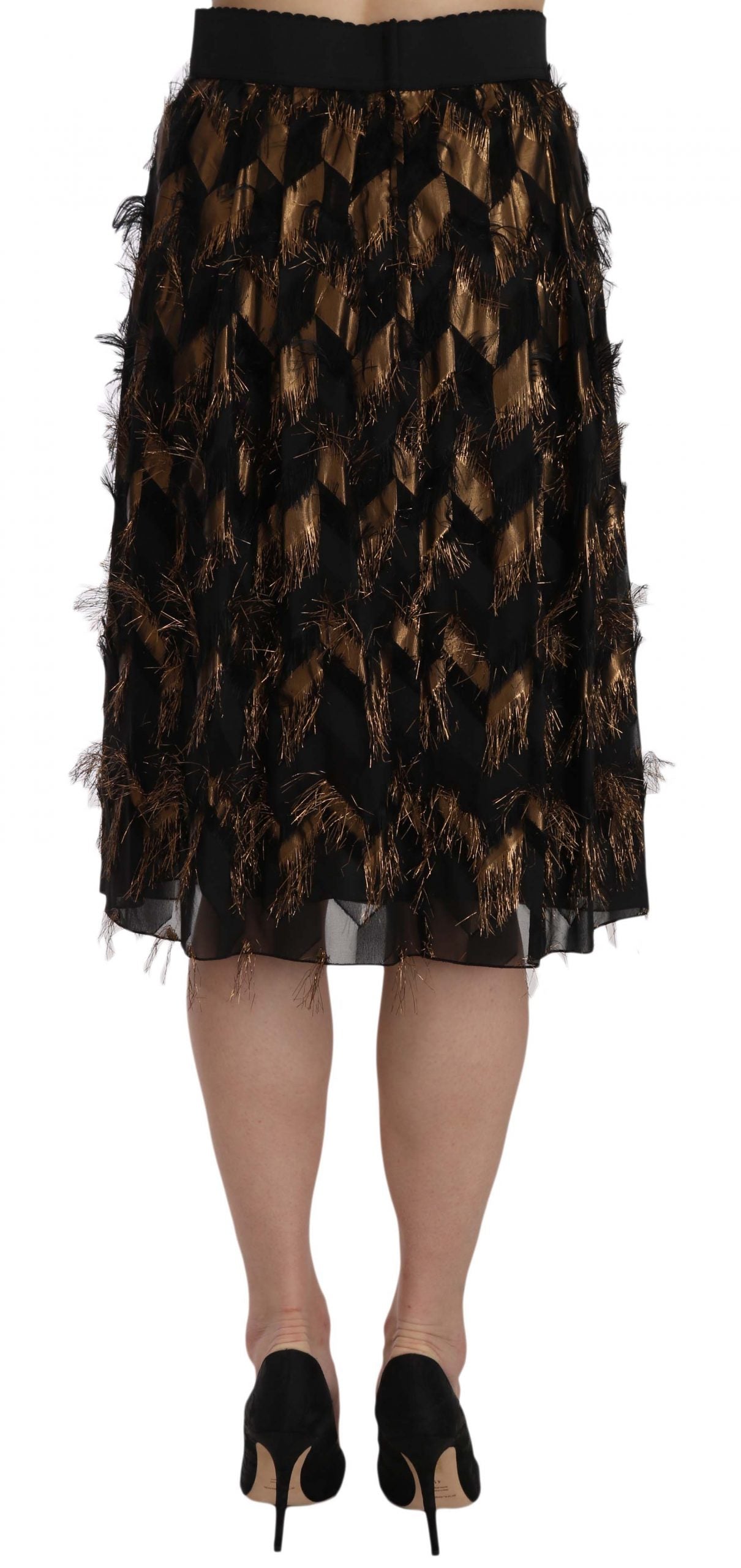 Dolce &amp; Gabbana Black Gold Fringe Metallic Pencil A-line Skirt