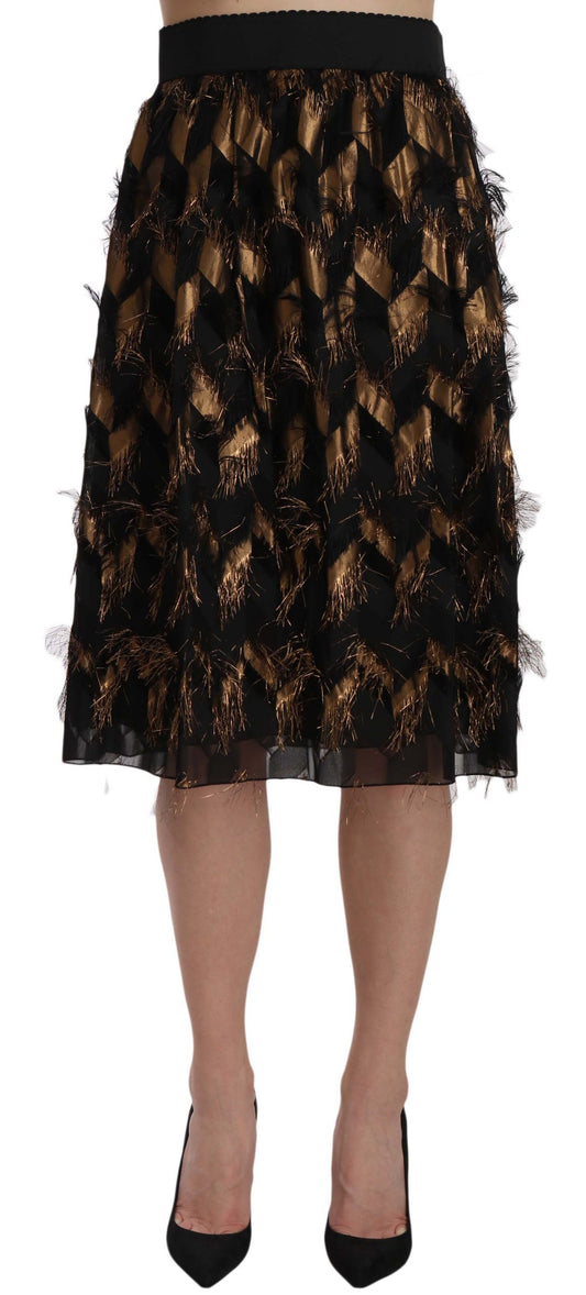 Dolce &amp; Gabbana Black Gold Fringe Metallic Pencil A-line Skirt