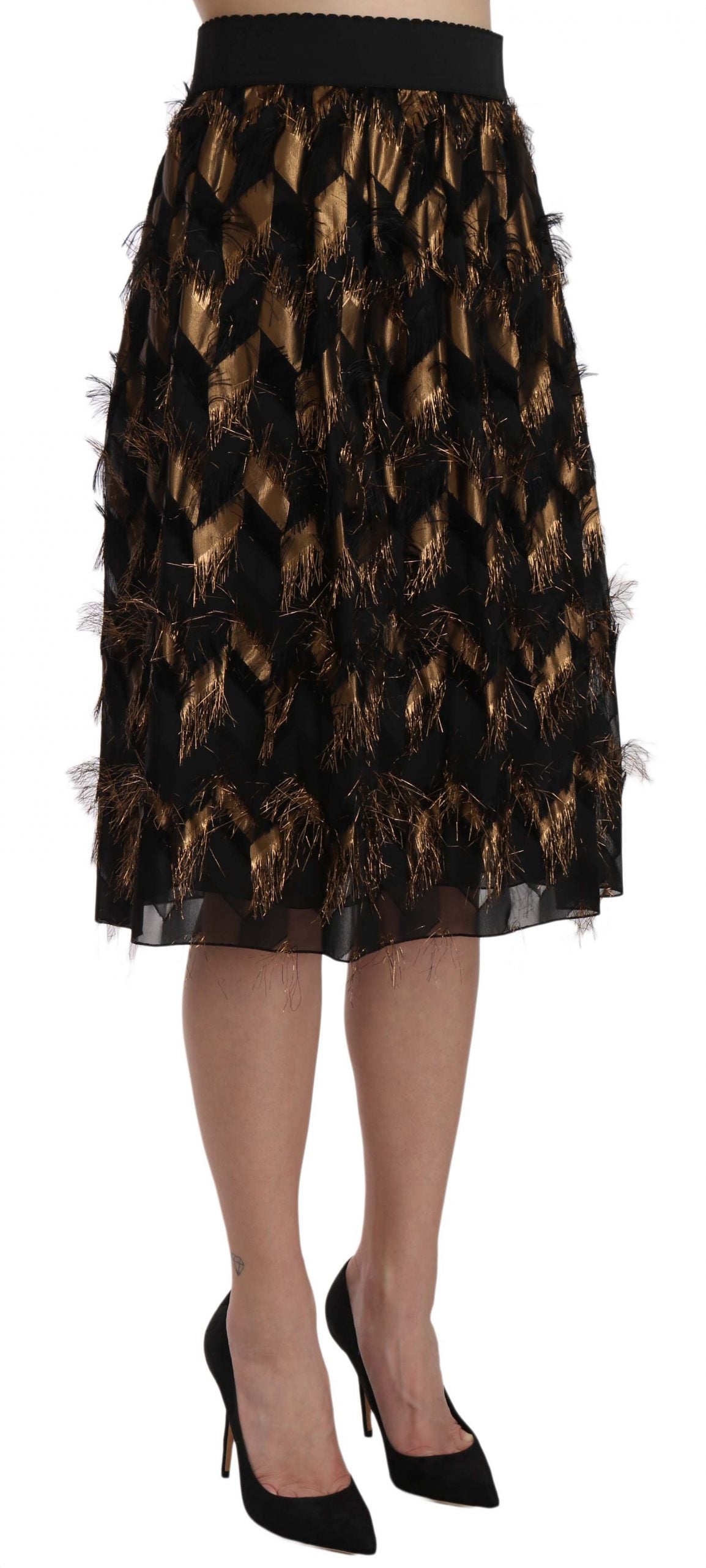 Dolce &amp; Gabbana Black Gold Fringe Metallic Pencil A-line Skirt