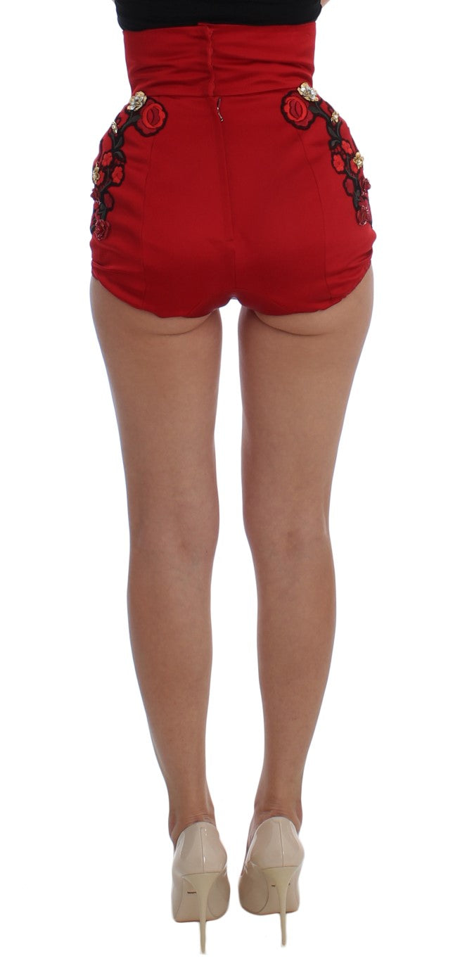 Dolce &amp; Gabbana Shorts aus roter Seide mit Kristallrosen 