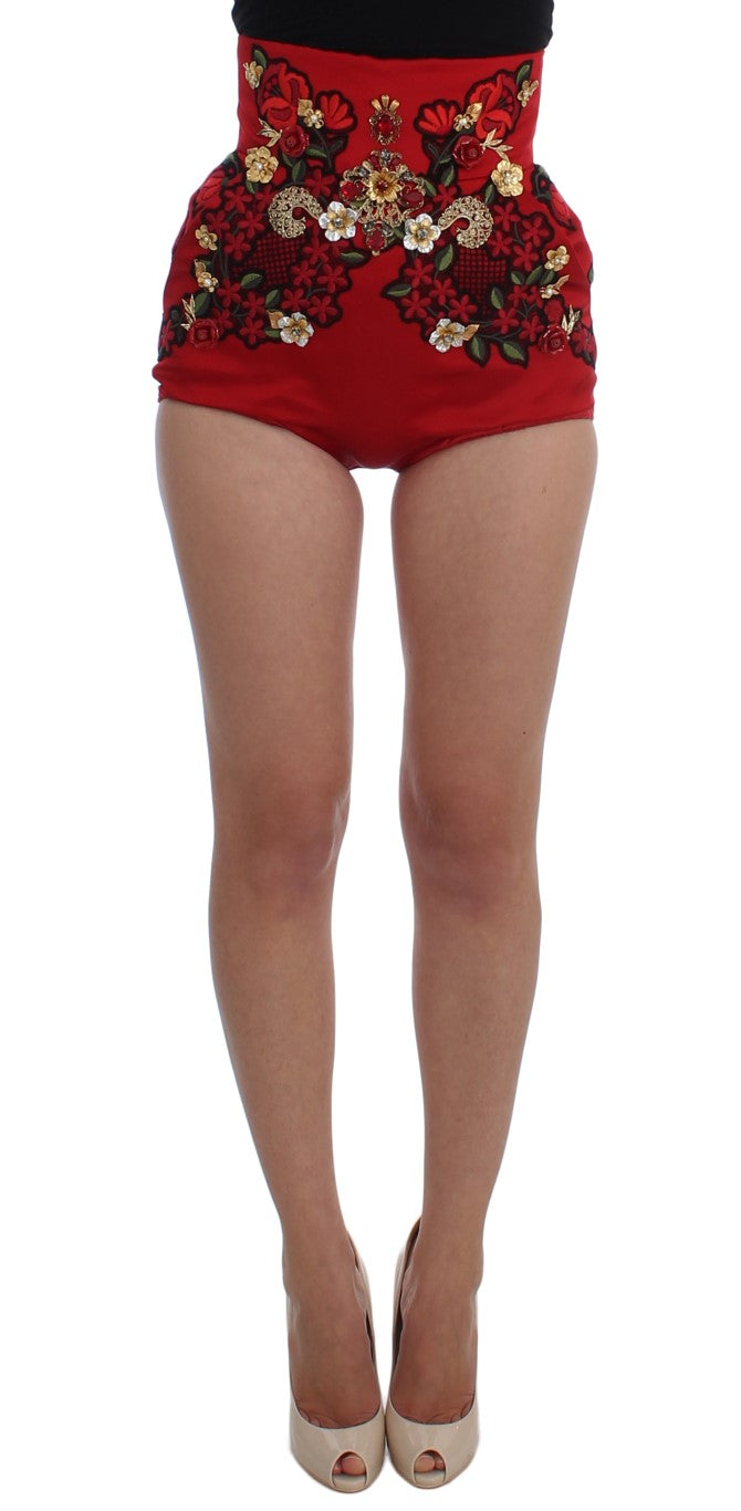 Dolce &amp; Gabbana Red Silk Crystal Roses Shorts 