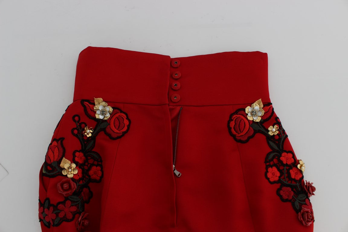 Dolce &amp; Gabbana Red Silk Crystal Roses Shorts 