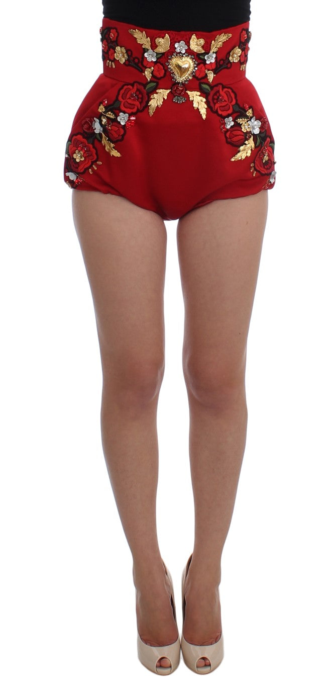 Dolce &amp; Gabbana Red Silk Crystal Roses Shorts 