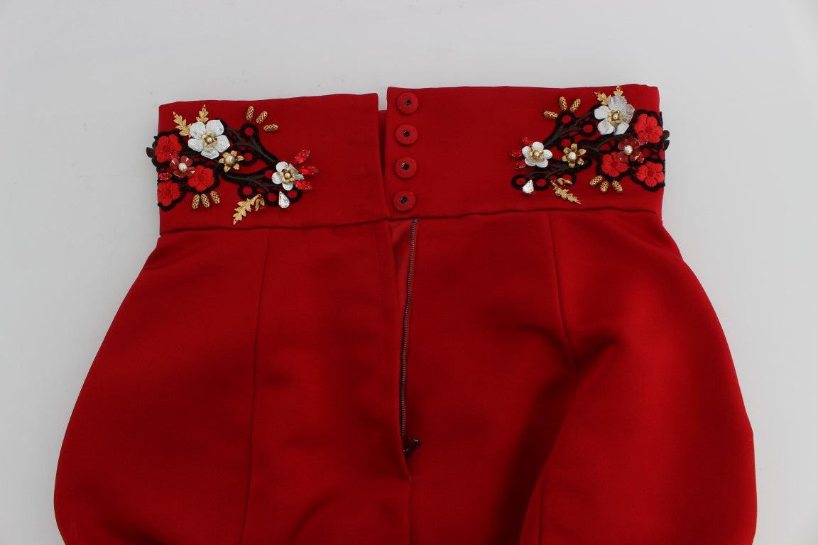 Dolce &amp; Gabbana Red Silk Crystal Roses Shorts 