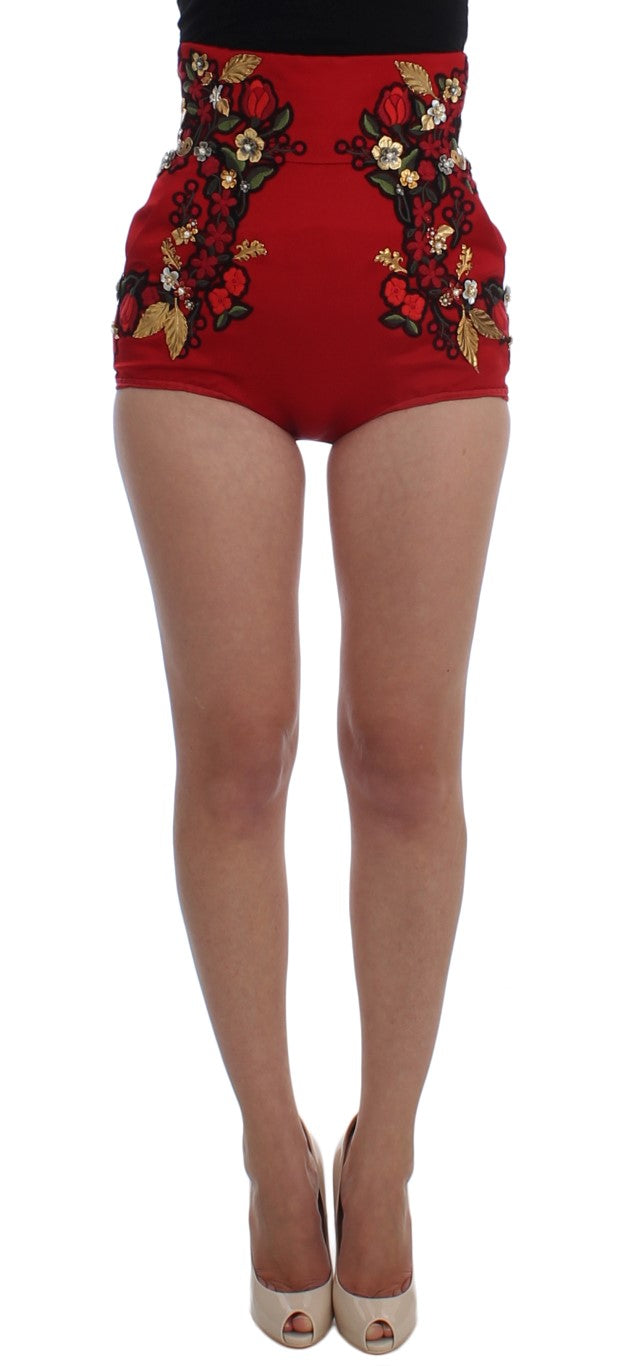 Dolce &amp; Gabbana Rote Seidenperlen-Rosen-Shorts