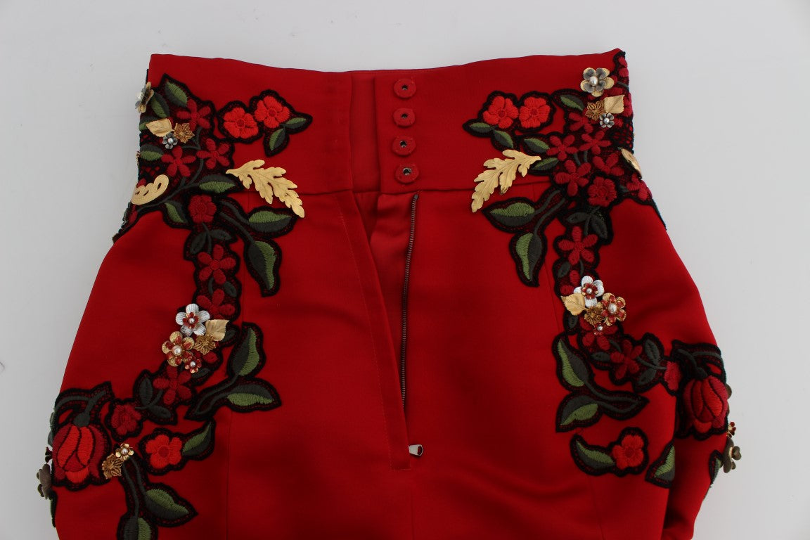 Dolce &amp; Gabbana Red Silk Pearls Roses Shorts