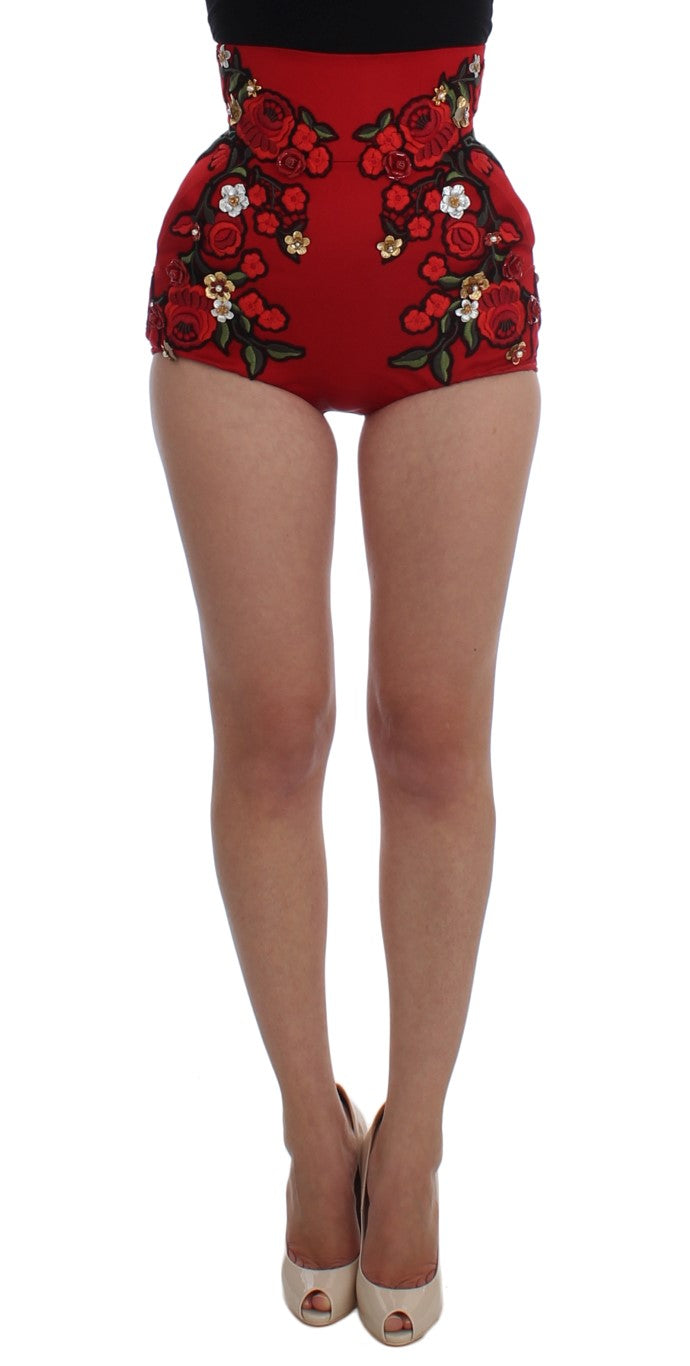 Dolce &amp; Gabbana Red Silk Roses Sicily Shorts 