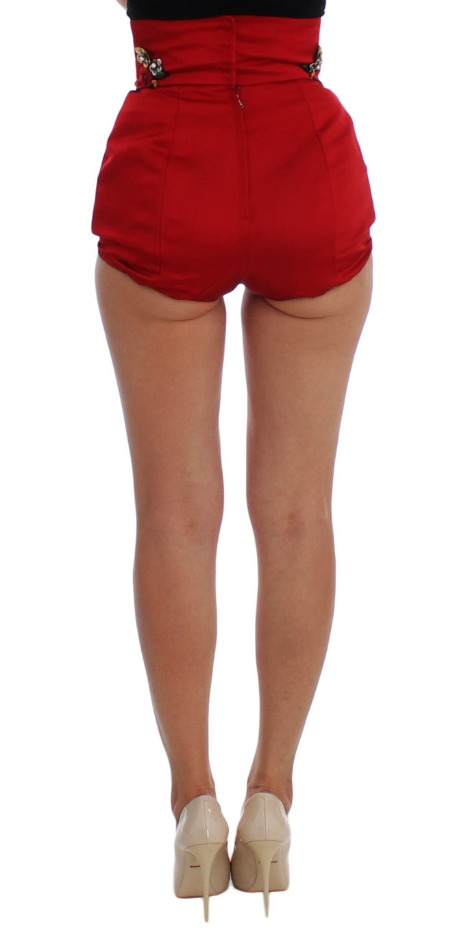 Dolce &amp; Gabbana Shorts aus roter Seide mit Kristallrosen 