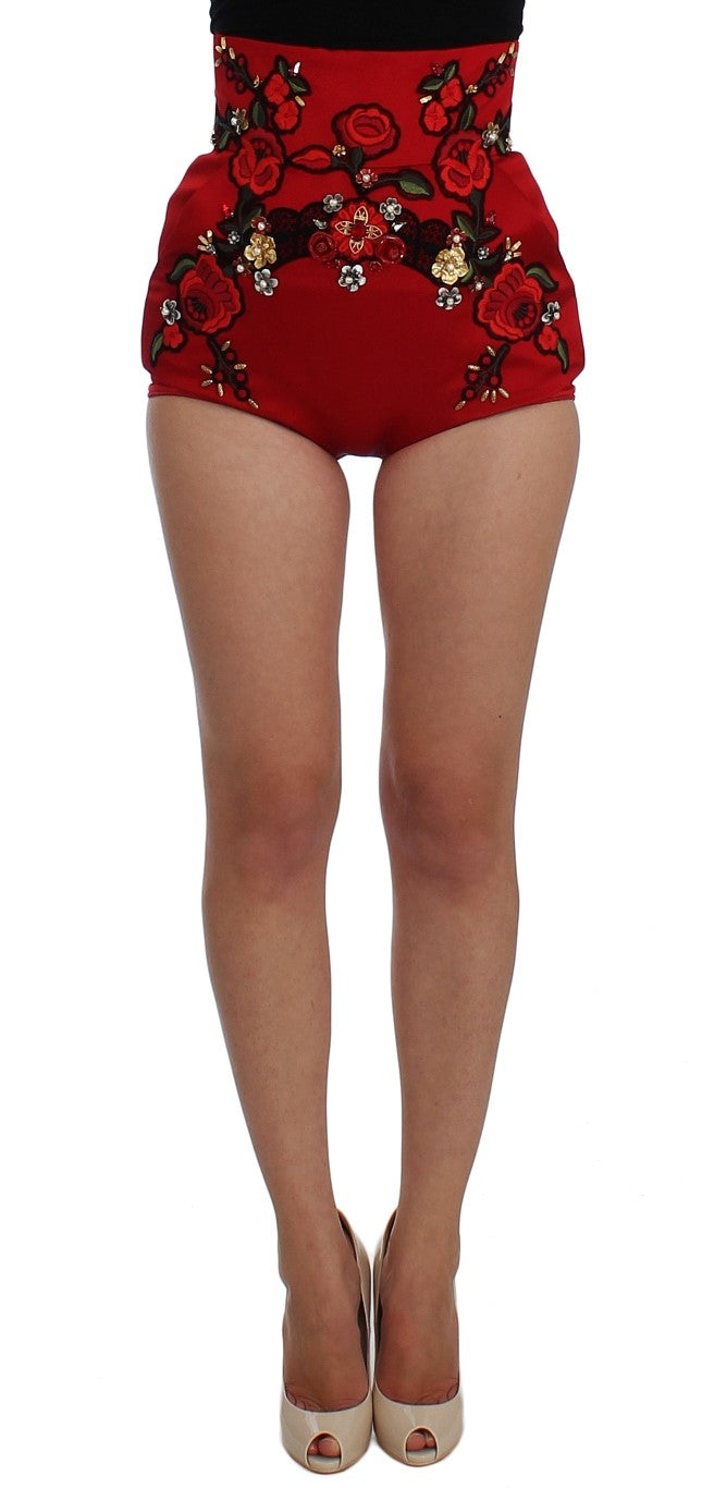 Dolce &amp; Gabbana Red Silk Crystal Roses Shorts 