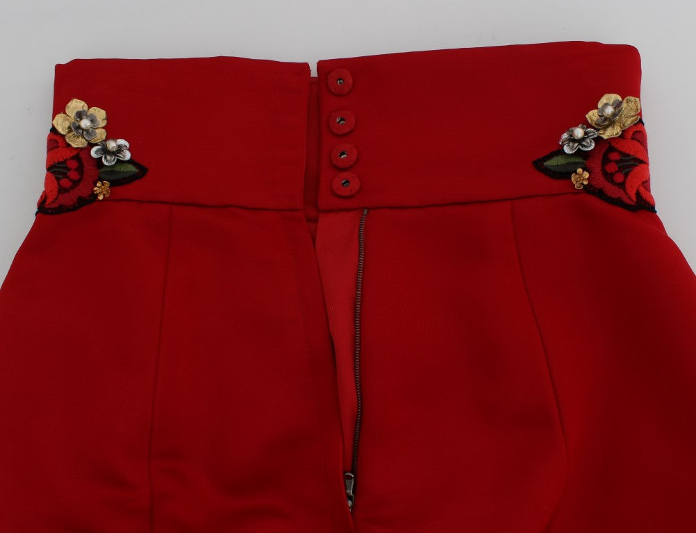 Dolce &amp; Gabbana Red Silk Crystal Roses Shorts 