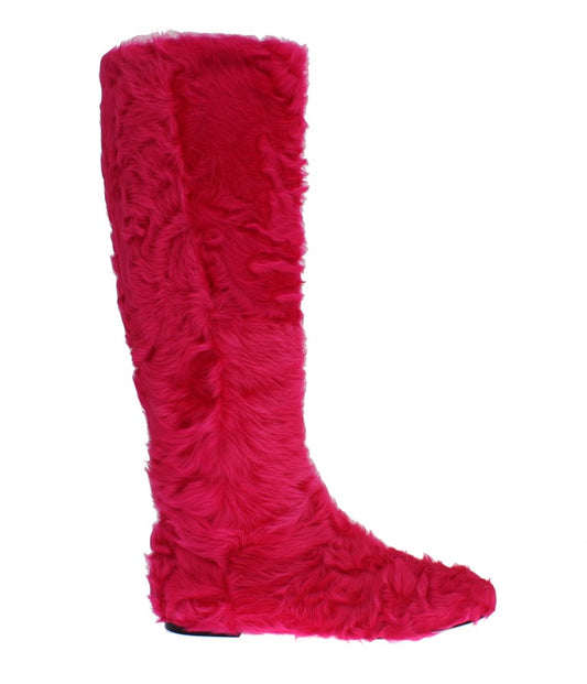 Dolce &amp; Gabbana Pink Lamb Fur Leather Flat Boots