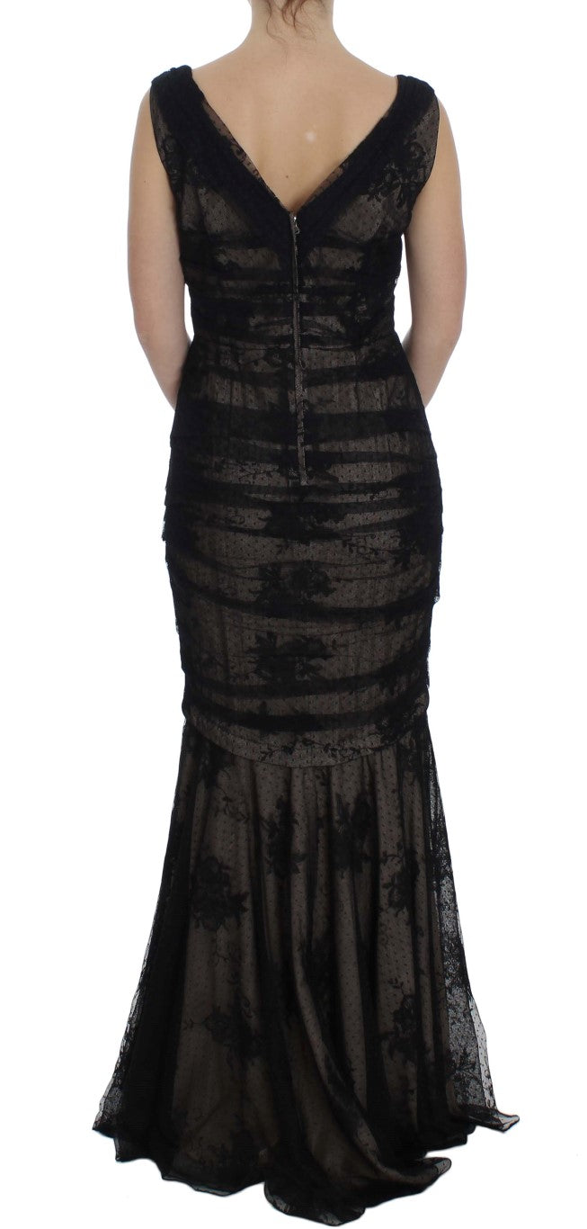 Dolce &amp; Gabbana Black Floral Lace Long Bodycon Maxi Dress