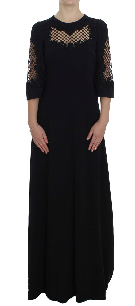 Dolce &amp; Gabbana Black Ricamo Wool Stretch Maxi Dress