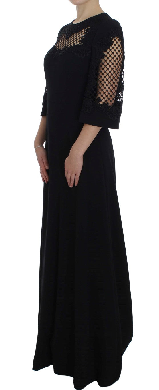 Dolce &amp; Gabbana Black Ricamo Wool Stretch Maxi Dress