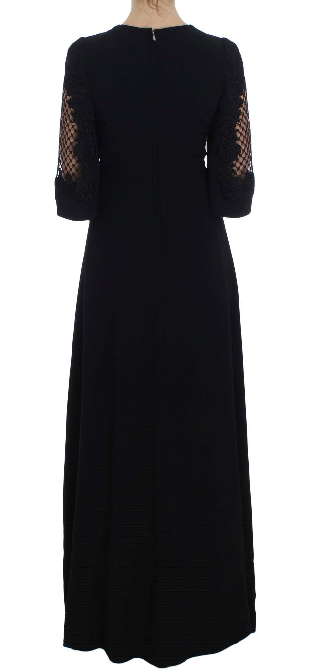 Dolce &amp; Gabbana Black Ricamo Wool Stretch Maxi Dress