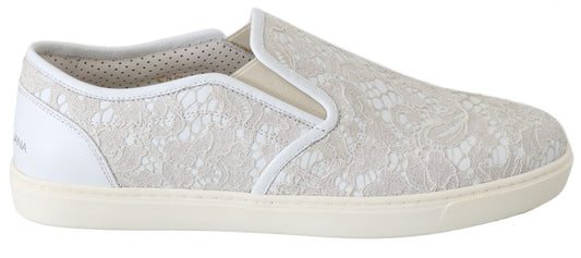 Dolce &amp; Gabbana White Leather Lace Slip On Loafers Shoes