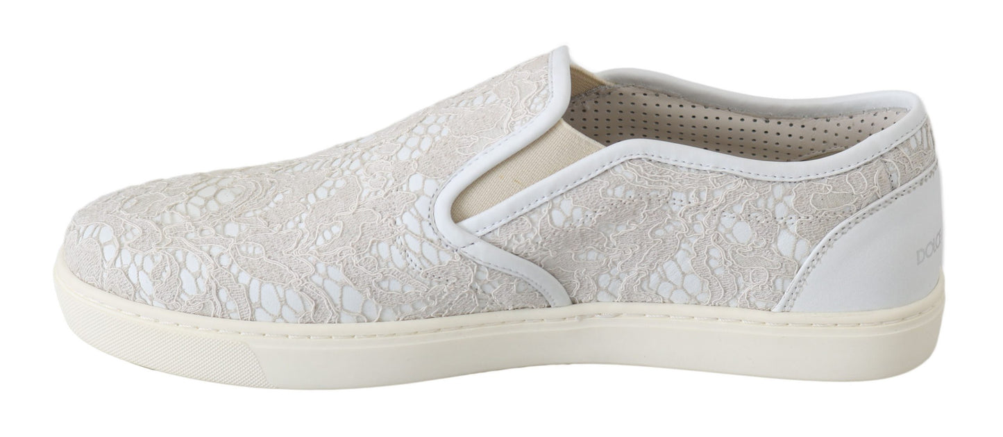 Dolce &amp; Gabbana White Leather Lace Slip On Loafers Shoes