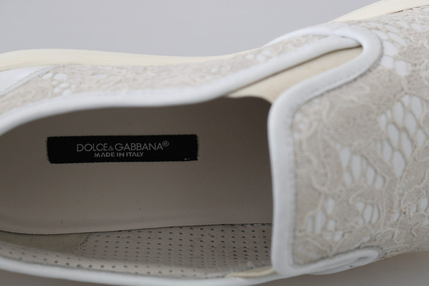 Dolce &amp; Gabbana White Leather Lace Slip On Loafers Shoes