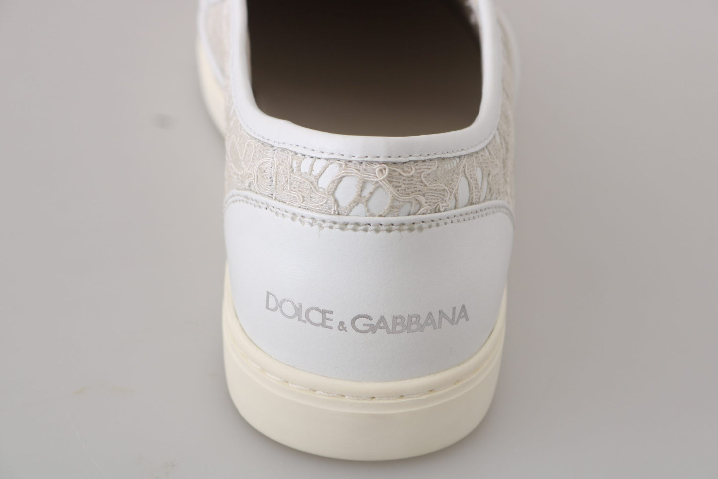 Dolce &amp; Gabbana White Leather Lace Slip On Loafers Shoes