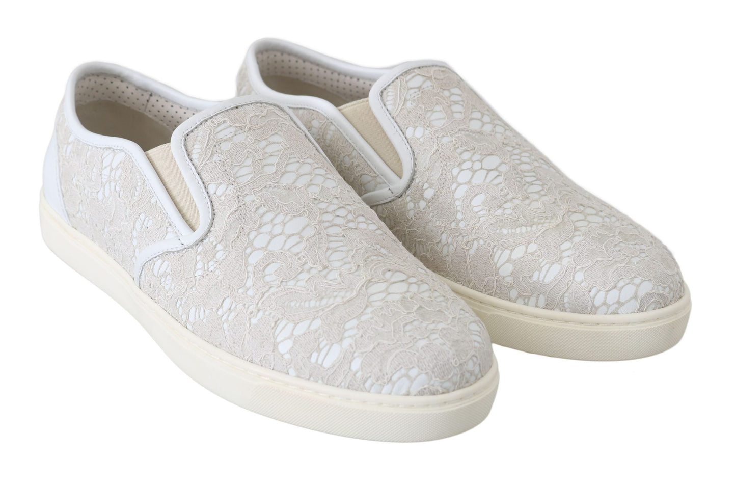 Dolce &amp; Gabbana White Leather Lace Slip On Loafers Shoes