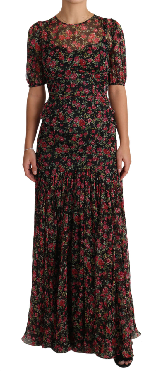 Dolce &amp; Gabbana Black Floral Roses A-Line Shift Gown Dress