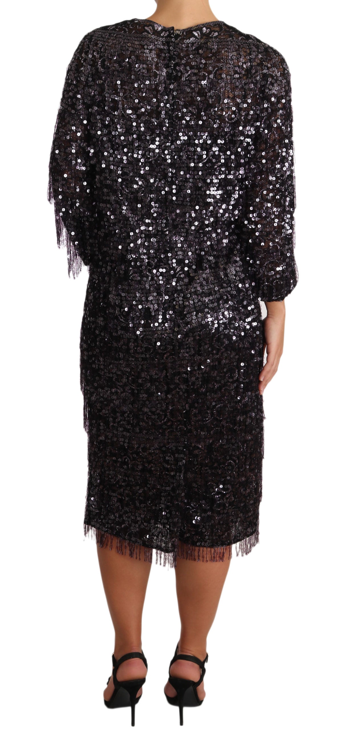 Dolce &amp; Gabbana Black Sequined Long Sleeve Shift Midi Dress