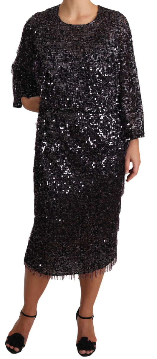 Dolce &amp; Gabbana Black Sequined Long Sleeve Shift Midi Dress