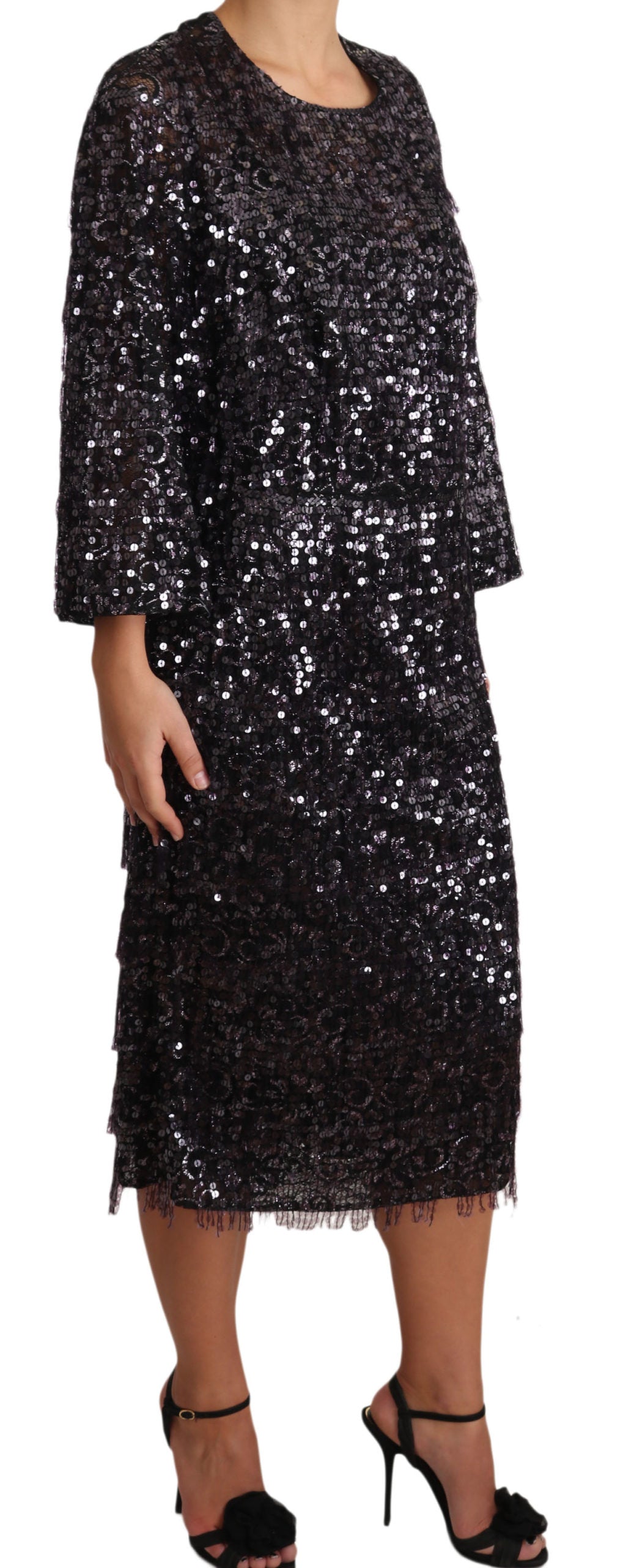 Dolce &amp; Gabbana Black Sequined Long Sleeve Shift Midi Dress