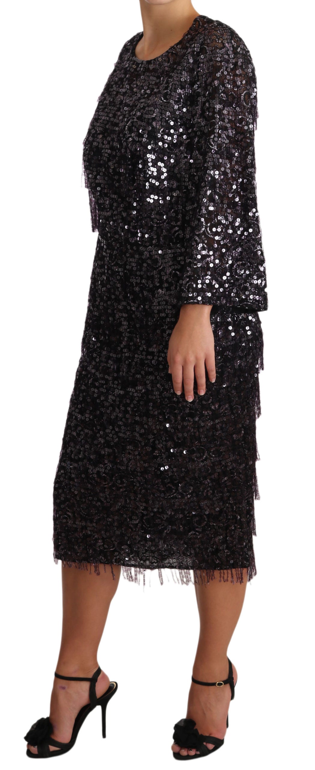 Dolce &amp; Gabbana Black Sequined Long Sleeve Shift Midi Dress