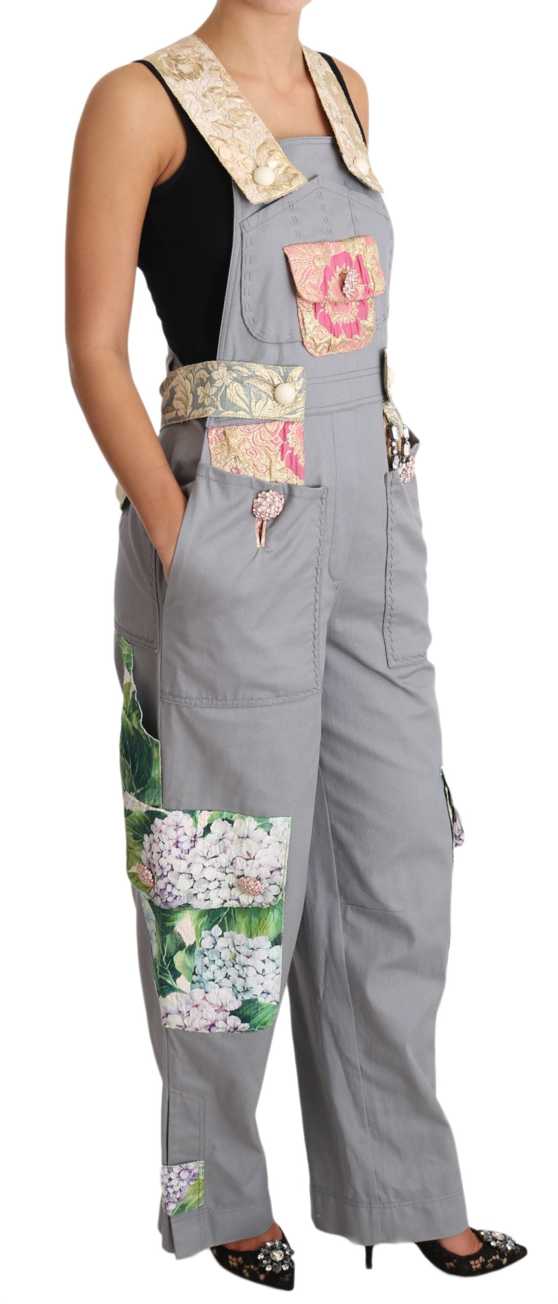 Dolce &amp; Gabbana Grey Overall Jeans Gray Denim Crystal Hortensia