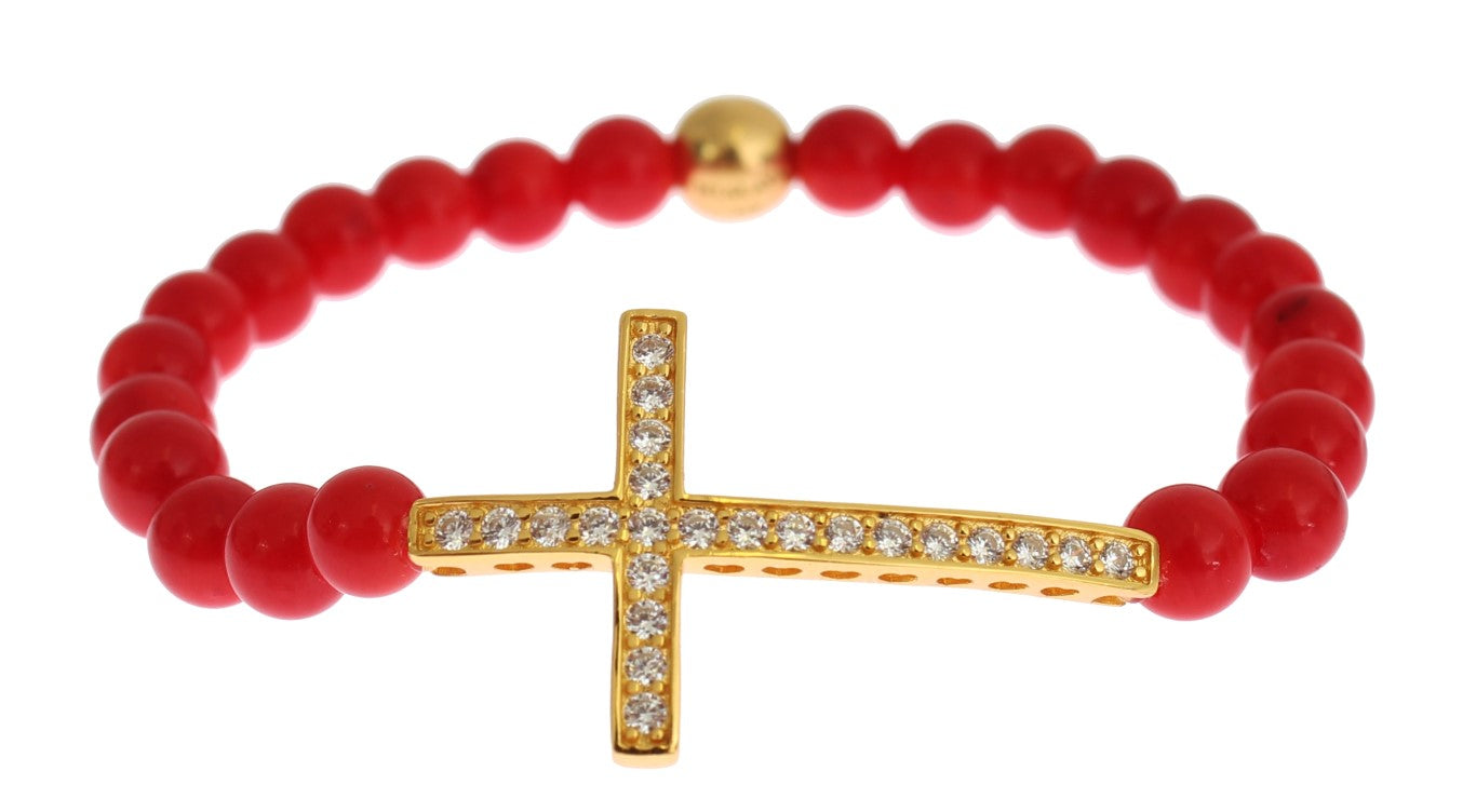 Nialaya Rote Koralle Gold CZ Kreuz 925 Silber Armband