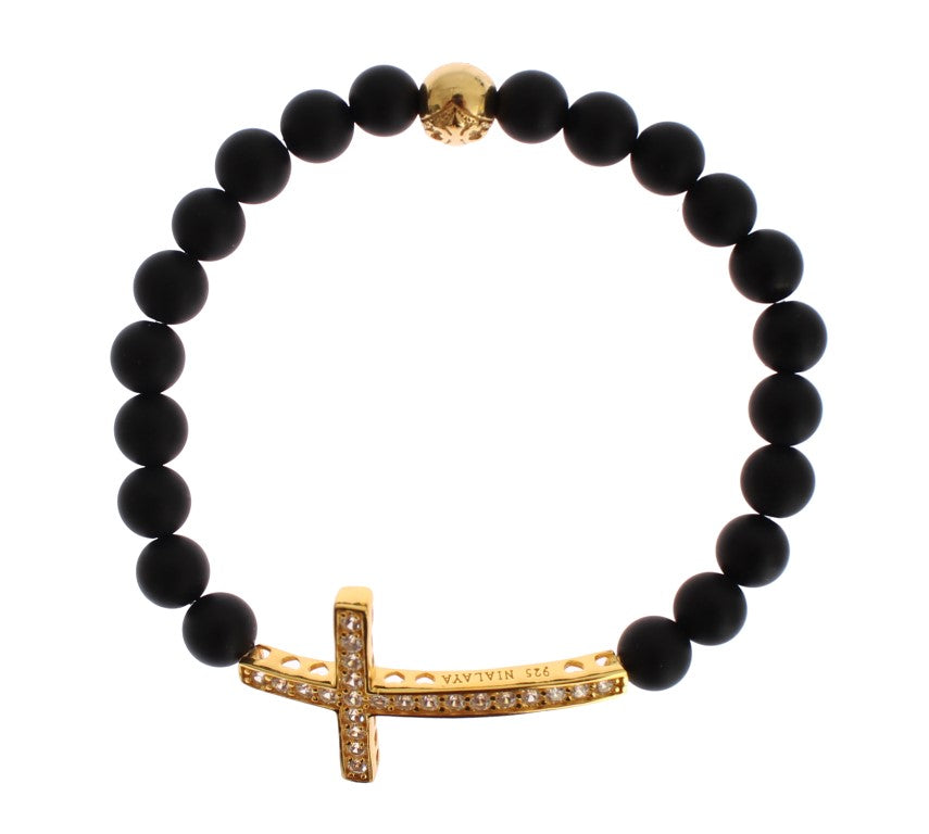 Nialaya Mattes Onyx-Stein-Gold-CZ-Kreuz-Armband aus 925er Silber